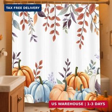 Fall Pumpkin Shower Curtain, Autumn Maple Leaves Harvest Thanksgiving Farmhouse — custom printed polyester bath curtain