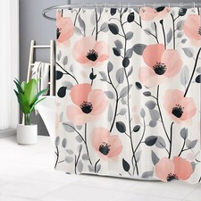 Country Botanical Gray Leaves Pink Floral Shower Curtain Set for Bathroom Decor — custom printed polyester bath curtain