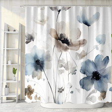 Boho Floral Shower Curtain, Cream Tan Beige Blue Grey White Watercolor Flower Fa — custom printed polyester bath curtain