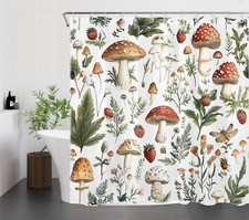Retro Mushroom and Boho Leaf Floral Shower Curtain Bathroom Accessories Set — custom printed polyester bath curtain