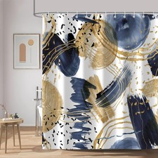Abstract Blue Gold Shower Curtain Navy Watercolor Art Waterproof 72x72 Inch — custom printed polyester bath curtain