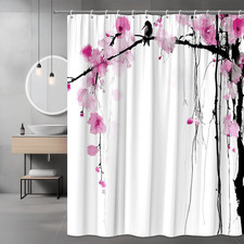 Pink Cherry Blossom Bird Shower Curtain Floral Branch Print — custom printed polyester bath curtain