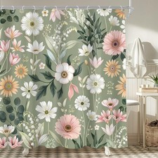 Orange Pink Green Boho Rustic Spring Watercolor Bathroom Shower Curtain Set — custom printed polyester bath curtain