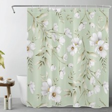 Watercolor Plant Green Leaf White Floral Shower Curtain Set for Bathroom Decor — custom printed polyester bath curtain