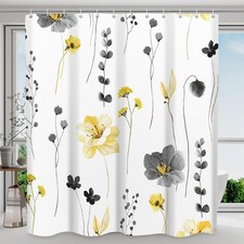 72x72 Inch Waterproof Shower Curtain Set Watercolor Yellow Gray Floral Plant — custom printed polyester bath curtain