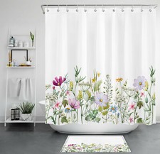 Floral Shower Curtain Colorful Flowers Green Leaves For Bathroom Decor w/ Hooks — custom printed polyester bath curtain