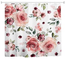 Pink Rose Floral Botanical Waterproof Fabric Shower Curtain 72x72" Hooks — custom printed polyester bath curtain