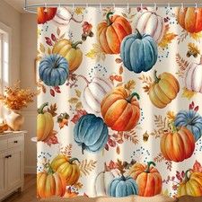 Fall Pumpkin Shower Curtain Autumn Maple Leaves Thanksgiving 72x72 Inch Hook — custom printed polyester bath curtain