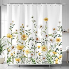 Yellow Floral Shower Curtain Boho Retro Watercolor Blooming Daisy Botanical — custom printed polyester bath curtain