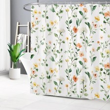 Watercolor Green Leaf Orange Wildflower Shower Curtain Bathroom Accessories Set — custom printed polyester bath curtain