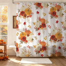 Fall Shower Curtains Farmhouse Autumn Floral Pumpkin Shower Curtain with 12 H... — custom printed polyester bath curtain