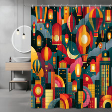 Abstract Hot Air Balloon Shower Curtain, Colorful Cityscape Print — custom printed polyester bath curtain