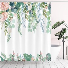 Blooming Floral Tropical Shower Curtain Sets Watercolor Pink Flowers and Gree... — custom printed polyester bath curtain