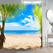 Extra Long Beach with Coconut Palm Shower Curtain Bathroom Curtains with Hooks — custom printed polyester bath curtain