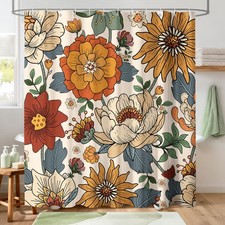 Orange Boho Floral Shower Curtain for Bathroom 72 x 72 inch — custom printed polyester bath curtain