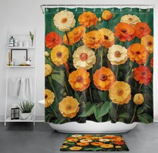Vintage Floral Red Orange and Green Leaf Shower Curtain Bathroom Accessories Set — custom printed polyester bath curtain