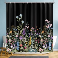 Black Floral Shower Curtain Fabric Waterproof Bathroom Bath Set With 12 Hooks — custom printed polyester bath curtain
