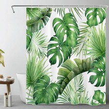 Tropical Botanical Sage Green Palm Leaf Shower Curtain Set for Bathroom Decor — custom printed polyester bath curtain