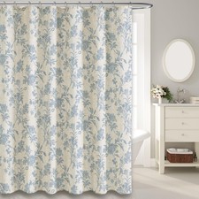 Extra Long Blue Floral Shower Curtain Cotton Linen Cottagecore 90x72 In — custom printed polyester bath curtain