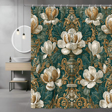 Magnolia Floral Shower Curtain Teal Gold Baroque Print — custom printed polyester bath curtain