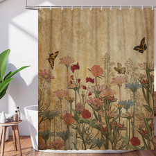 Vintage Floral Shower Curtain, Boho Retro Floral Shower Curtain, Rustic Farmhous — custom printed polyester bath curtain