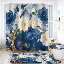 Blue Flower Shower Curtain Set 4 PCS With Rugs Waterproof 12 Hooks Bath Decor — custom printed polyester bath curtain