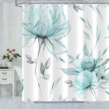 Teal Grey Watercolor Floral Shower Curtain, Flower Leaves Minimalist Aesthetic A — custom printed polyester bath curtain