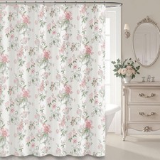 Pink & Sage Green Floral Vintage Shower Curtain,Cottage core Cotton Shower — custom printed polyester bath curtain