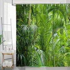 Tropical Jungle Green Leaves Waterproof Shower Curtain Bathroom Decor — custom printed polyester bath curtain