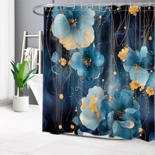 Modern Abstract Blue and Gold Floral Shower Curtain Set for Bathroom Decor — custom printed polyester bath curtain