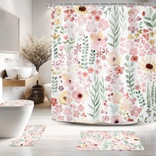 Riyidecor Cute Pink Green Floral 4Pcs Bathroom Shower Curtain Sets Boho — custom printed polyester bath curtain
