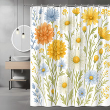 Floral Shower Curtain Daisy Watercolor Yellow Blue Orange — custom printed polyester bath curtain