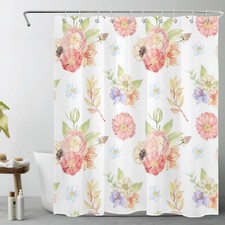 Country Style Botanical Leaf Pink Flower Shower Curtain Set for Bathroom Decor — custom printed polyester bath curtain