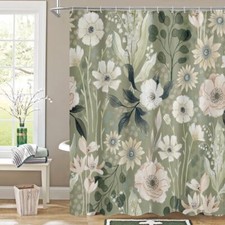 Boho Green Floral Shower Curtain, Summer Plant Leaves Fabric 72" W x 72" L A1 — custom printed polyester bath curtain