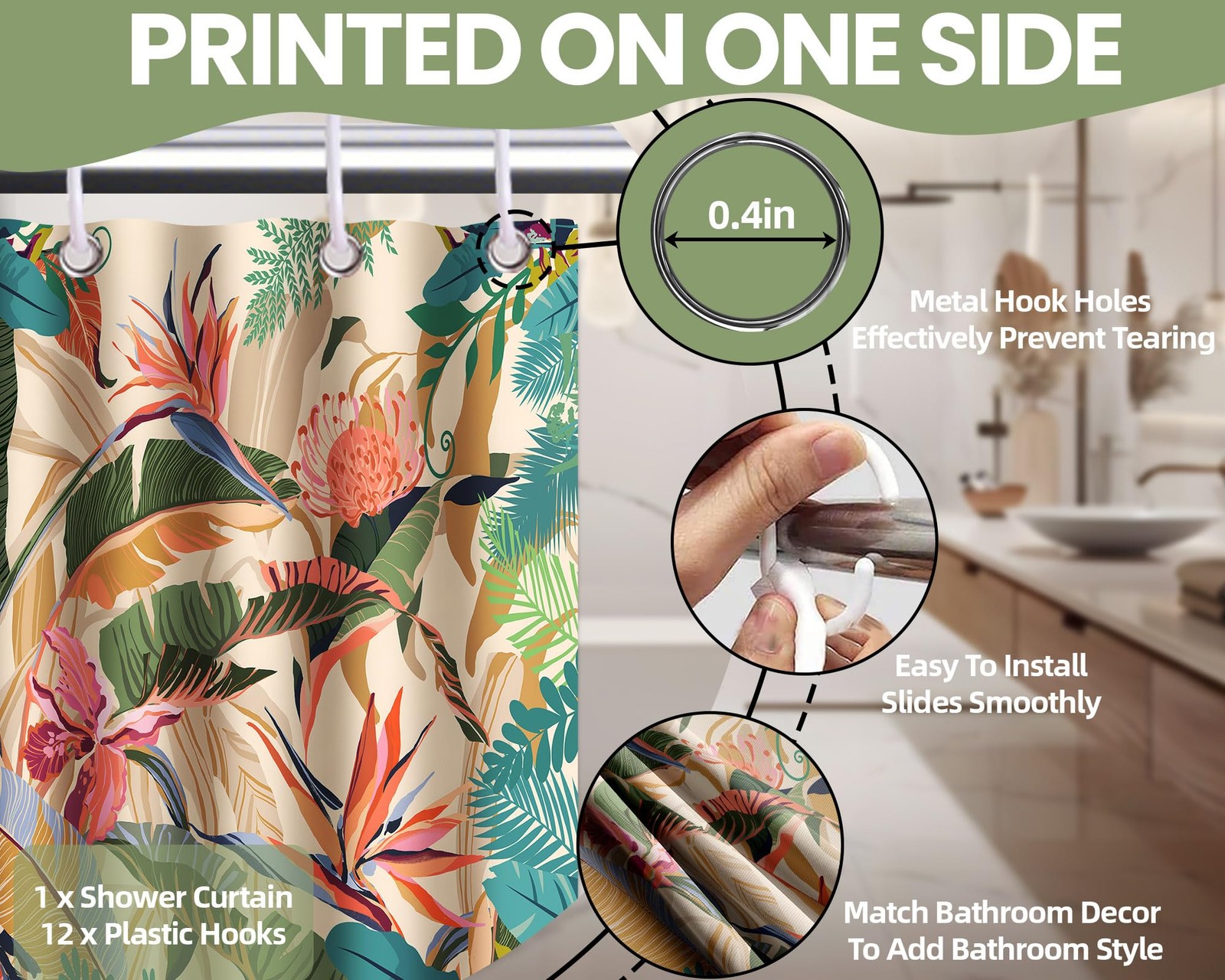Custom Printed Bath Curtain — custom printed polyester bath curtain detail view