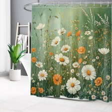 Plant Leaf Orange Daisy Floral on Green Shower Curtain Set for Bathroom Decor — custom printed polyester bath curtain