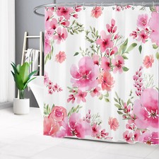 Modern Watercolor Green Leaf Pink Floral Shower Curtain Bathroom Accessories Set — custom printed polyester bath curtain