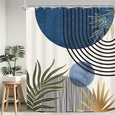 60x72 Mid Century Modern Blue Green Boho Abstract Bathroom Shower Curtain Set — custom printed polyester bath curtain