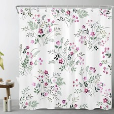 Country Style Green Leaf Pink Wildflower Shower Curtain Bathroom Accessories Set — custom printed polyester bath curtain