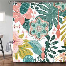 Abstract Boho Floral Botanical Shower Curtain, Bohemian Mid Century Morden Teal — custom printed polyester bath curtain