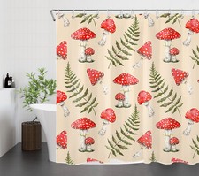 Tropical Green Leaf Red Mushroom on Beige Shower Curtain Set for Bathroom Decor — custom printed polyester bath curtain