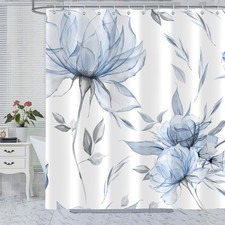 Blue Grey Watercolor Floral Shower Curtain Minimalist Aesthetic 72x78 Inch — custom printed polyester bath curtain