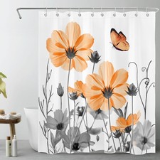 Garden Wildflower Butterfly Orange Floral Shower Curtain Set for Bathroom Decor — custom printed polyester bath curtain