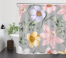 Garden Plant Green Leaf Pink Floral Grey Shower Curtain Set for Bathroom Decor — custom printed polyester bath curtain