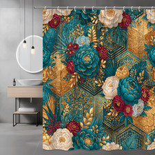 Teal Gold Floral Hexagon Shower Curtain — custom printed polyester bath curtain