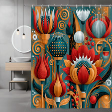 Abstract Floral Shower Curtain, Teal Red Orange Modern Graphic Print — custom printed polyester bath curtain