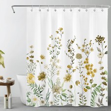 Farmhouse Green Leaf Yellow Wildflower Shower Curtain Set for Bathroom Decor — custom printed polyester bath curtain