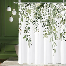 Gibelle Olive Green Eucalyptus Shower Curtain, Watercolor Plant Leaves with Flor — custom printed polyester bath curtain
