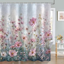72x72 Inch Pink Floral Shower Curtain Watercolor Wildflowers Plant Leaves — custom printed polyester bath curtain