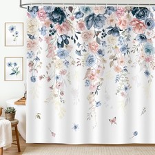 Spring Floral Long Shower Curtain Navy Blue Pink Watercolor 72x72 Inch — custom printed polyester bath curtain